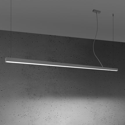 Suspension Barre Moderne 200 grise allumée, abat-jour opale diffusant une lumière homogène 4000K
