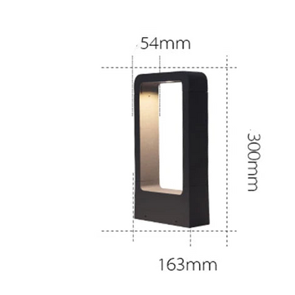 Schéma des dimensions de la borne LED d'extérieur en hauteur 30 cm, 163 mm de large et 54 mm de profondeur