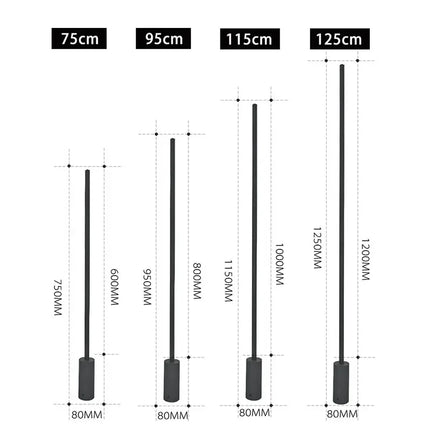 Schema des dimensions de la borne extérieure LED noire, hauteurs 75 a 125 cm