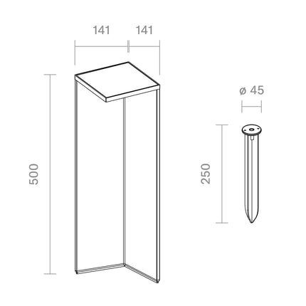 Schéma technique de la borne solaire Nusolar avec dimensions, hauteur 50 cm et pique de terre 25 cm