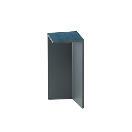 Détail du panneau solaire intégré au sommet de la borne Nusolar en aluminium anthracite