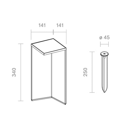 Schéma technique de la borne solaire Nusolar avec ses dimensions et son piquet de terre