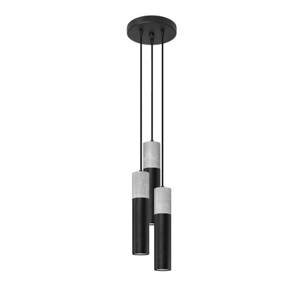Suspension Colonne 3P en acier et béton noir, trois tubes cylindriques, vue de face sur fond blanc