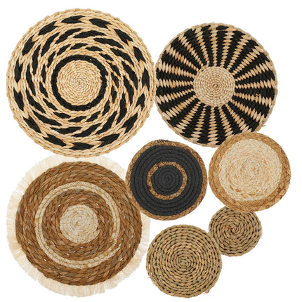 Décoration murale ronde tissée en fibres naturelles et anneaux de fer