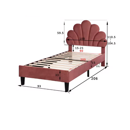 Einzelbett 90x200 – Samt mit gepolstertem, floralem Kopfteil in Rosa oder Beige