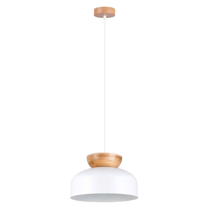 Suspension Douceur Bois blanc, dôme en acier blanc et cabochon en bois naturel, câble textile blanc réglable.