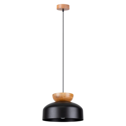 Suspension Douceur Bois noir, dôme en acier noir et cabochon en bois naturel, câble textile noir réglable.