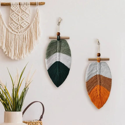 Ensemble de 2 feuilles en macramé bohème accrochées à un mur