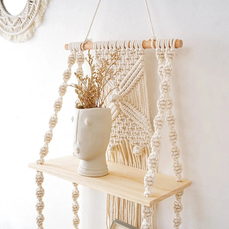 Dimensions Estante de pared de macramé tejido bohemio