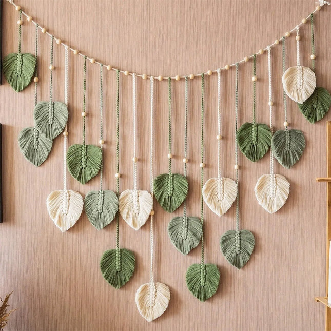 Décoration à feuilles en macramé coloris vert en coton naturel