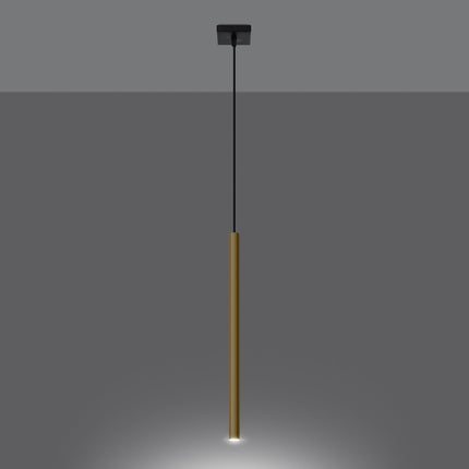 Suspension Halo 1 or poli allumée, halo de lumière chaude diffusé au sol depuis le tube fin
