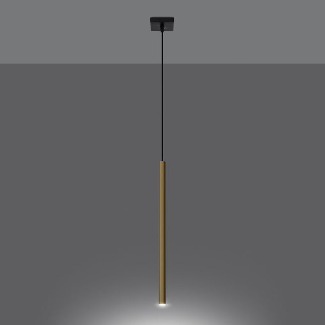 Suspension Halo 1 or poli allumée, halo de lumière chaude diffusé au sol depuis le tube fin