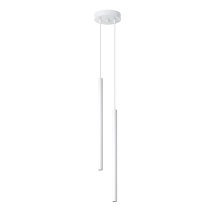 Suspension Halo 2 blanche, deux tubes fins en acier suspendus à une rosace ronde, vue packshot fond blanc