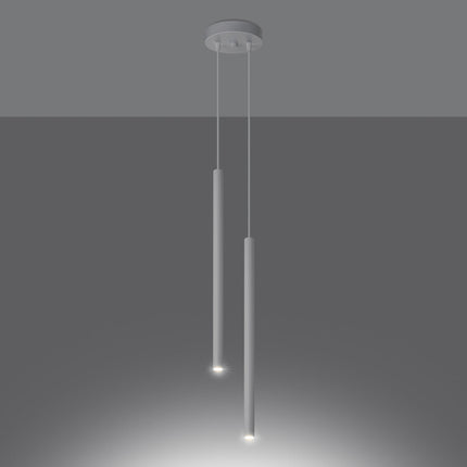 Gros plan sur le tube lumineux en acier blanc de la suspension Halo 2