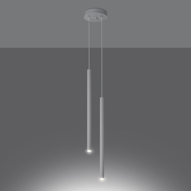 Gros plan sur le tube lumineux en acier blanc de la suspension Halo 2