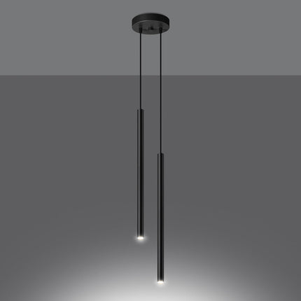 Gros plan sur le tube lumineux en acier noir mat de la suspension Halo 2