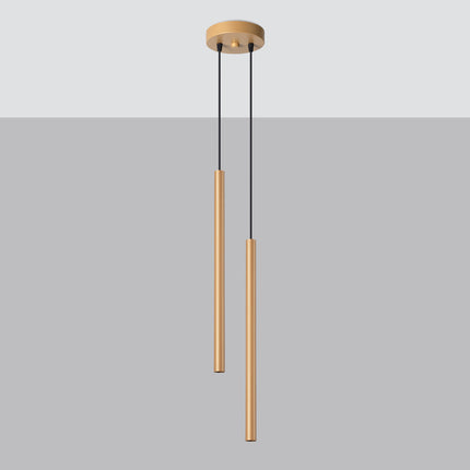 Détail de la rosace ronde et des câbles réglables de la suspension Halo 2 dorée