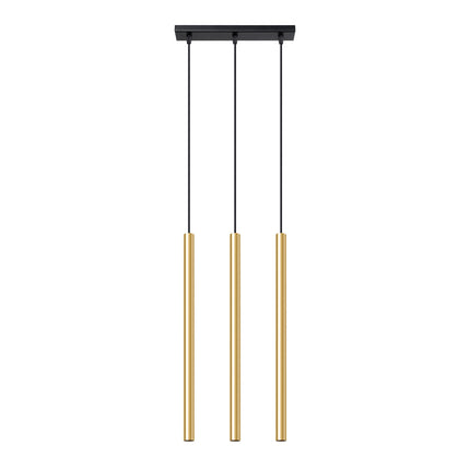 Suspension Halo 3L, trois tubes en acier or poli alignés, packshot produit sur fond blanc