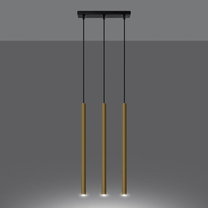 Suspension Halo 3L or poli allumée, trois halos de lumière chaude diffusés au sol