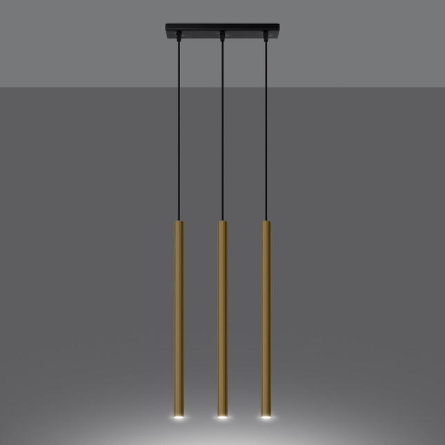 Suspension Halo 3L or poli allumée, trois halos de lumière chaude diffusés au sol