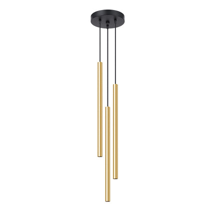 Suspension Halo 3P, trois tubes en acier or poli à hauteurs échelonnées, packshot produit sur fond blanc