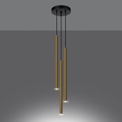 Suspension Halo 3P or poli allumée, trois halos de lumière chaude diffusés à des hauteurs différentes