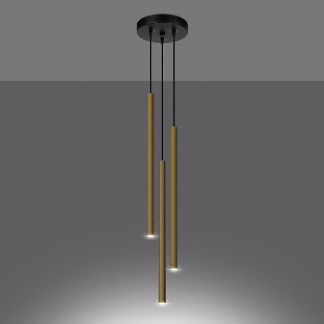 Suspension Halo 3P or poli allumée, trois halos de lumière chaude diffusés à des hauteurs différentes