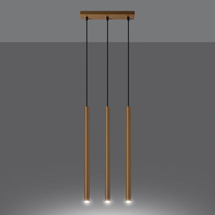 Suspension Halo 3 Tubes Alignés Or en Acier, gros plan sur la texture métallique, Sovala.