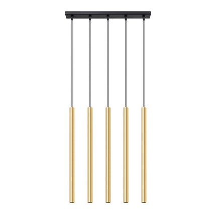 Suspension Halo 5L, cinq tubes en acier or poli alignés, packshot produit sur fond blanc
