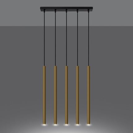 Suspension Halo 5L or poli allumée, cinq halos de lumière chaude diffusés au sol