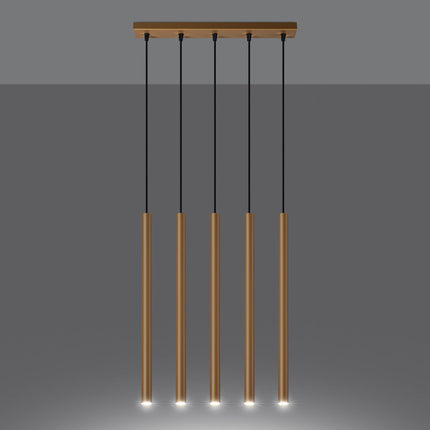 Suspension Halo 5 Tubes Alignés Or en Acier, gros plan sur la texture métallique, Sovala.