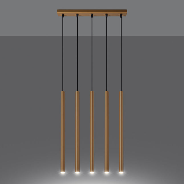 Suspension Halo 5 Tubes Alignés Or en Acier, gros plan sur la texture métallique, Sovala.