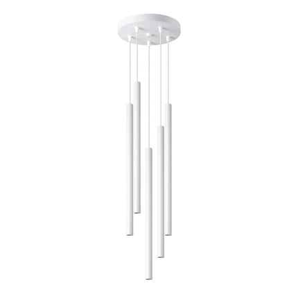 Suspension Halo 5 Tubes Étagés Blanc en Acier, vue de face en ambiance claire, Sovala.