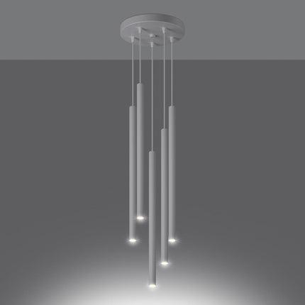Suspension Halo 5 Tubes Étagés Blanc en Acier, gros plan sur la texture métallique, Sovala.
