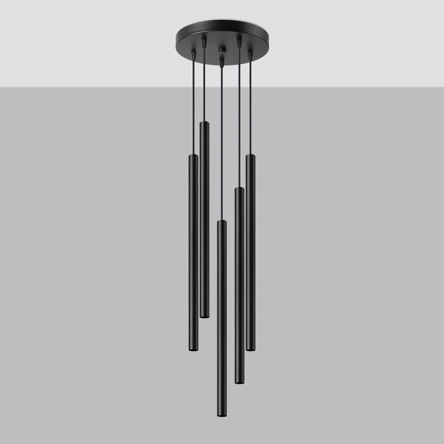 Suspension Halo 5 Tubes Étagés Noir en Acier, vue de profil montrant la finition du tube, Sovala.