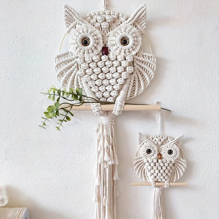 Hibou en macramé tissé en coton naturel beige de style bohème