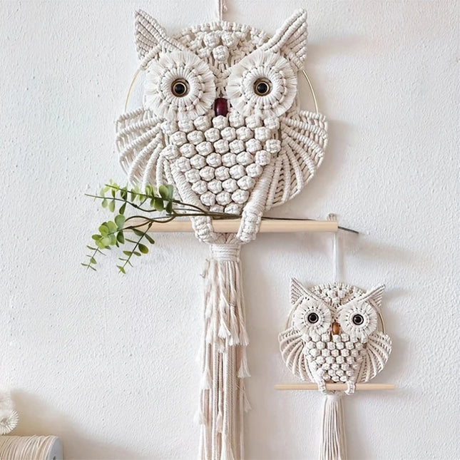 Hibou en macramé tissé en coton naturel beige de style bohème