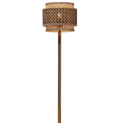 Lampadaire Bhutan en bambou tressé naturel et noir allumé, vue détourée sur fond blanc