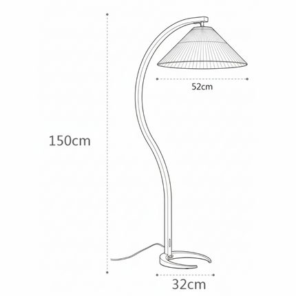 Schéma de cotes du lampadaire en bois courbé, hauteur 150 cm, abat-jour 52 cm, base 32 cm