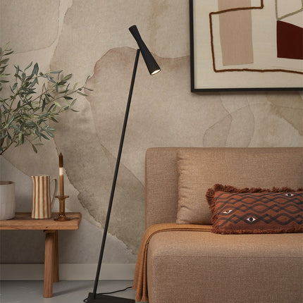 Lampadaire Bordeaux noir dans un salon aux tons terracotta et bois