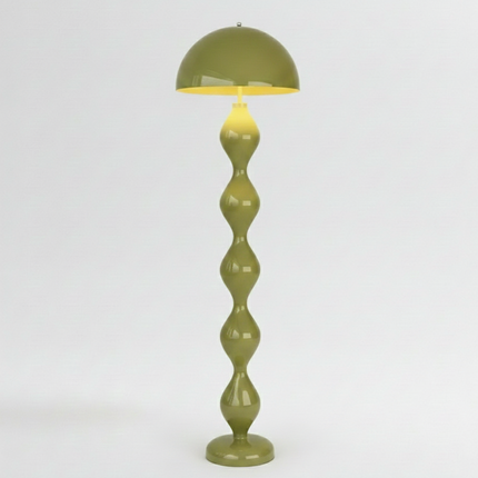Lampadaire champignon design nordique en métal laqué vert olive avec colonne ondulée, vue produit