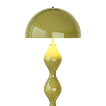 Détail du lampadaire champignon noir laqué, coupole métal et renflements de la colonne