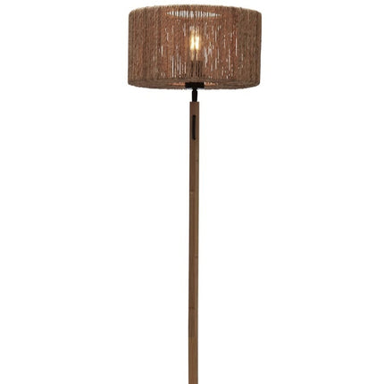 Lampadaire Iguazu, abat-jour cylindrique en jute tressé naturel et pied droit en bambou, hauteur 125 cm, ambiance chaleureuse.