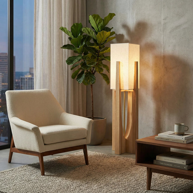 Lampadaire japonais en bois clair allumé dans un salon nordique près d'un fauteuil et d'un ficus