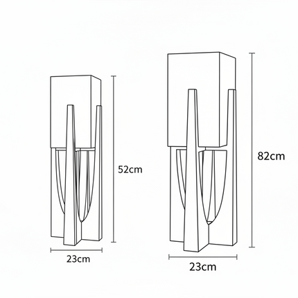 Schéma comparatif des deux tailles du lampadaire japonais, 52 cm et 82 cm, base 23 cm