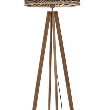 Lampadaire Java complet, piètement 4 pieds en bambou naturel et abat-jour tressé naturel et noir, fond blanc