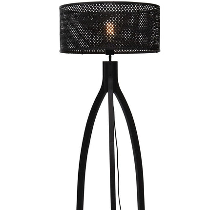 Lampadaire Java complet, abat-jour tressé et piètement tripode en bambou noir, sur fond blanc