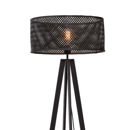 Détail du socle rond en bambou du lampadaire Java avec câble textile beige à la base
