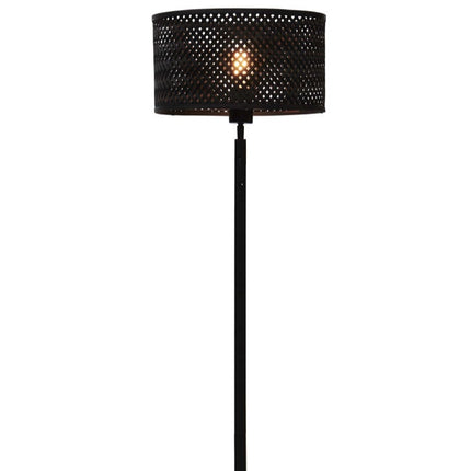 Lampadaire Java Droit en bambou tressé noir, 128 cm, allumé sur fond blanc, abat-jour cylindrique et tige fine