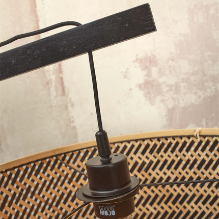 Douille E27 en bout de bras et câble textile noir du lampadaire Java XL en bambou